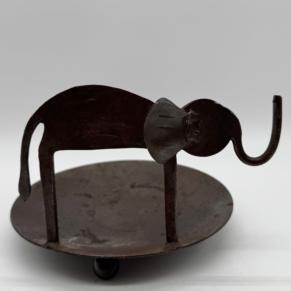 Vintage Handcrafted Wrought Iron Elephant Footed Pillar Candle Holder Saucer